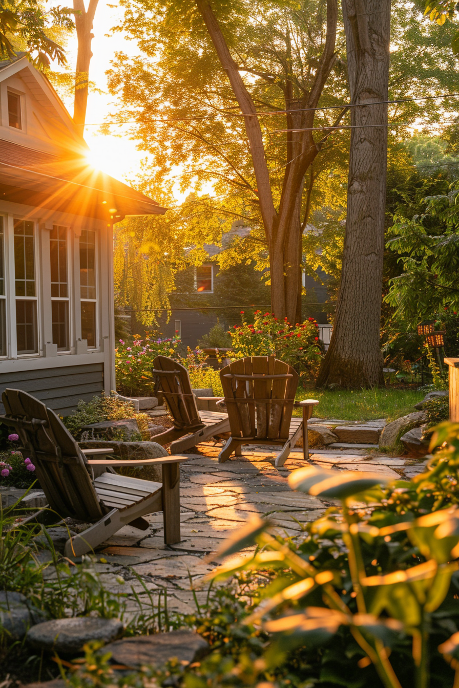 Adirondack chairs on a stone patio surrounded by lush greenery with the sun setting behind trees, casting a warm light.