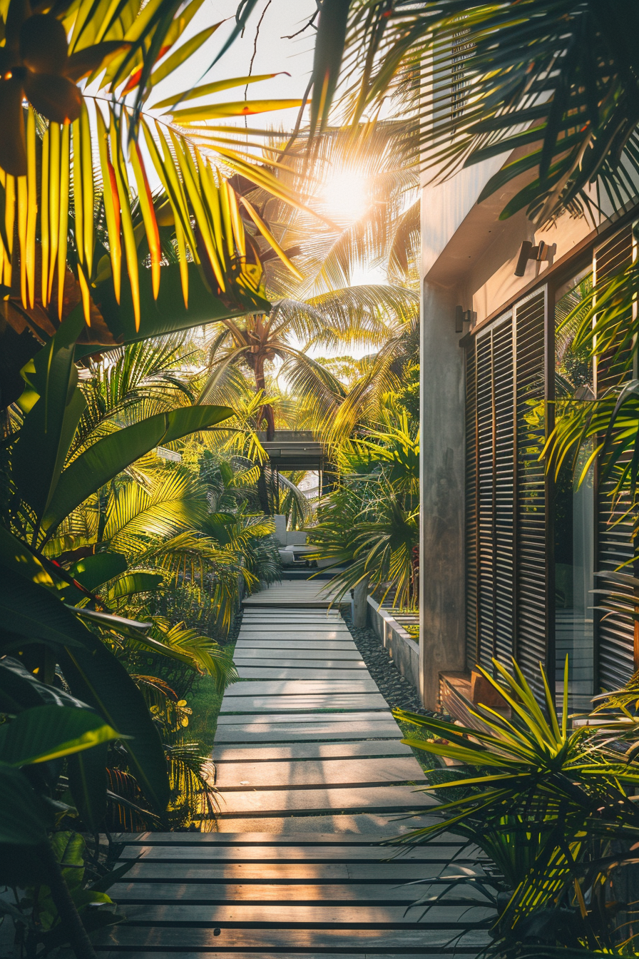 Sunlight filters through palm leaves onto a wooden walkway beside a building, creating a tropical, serene setting.