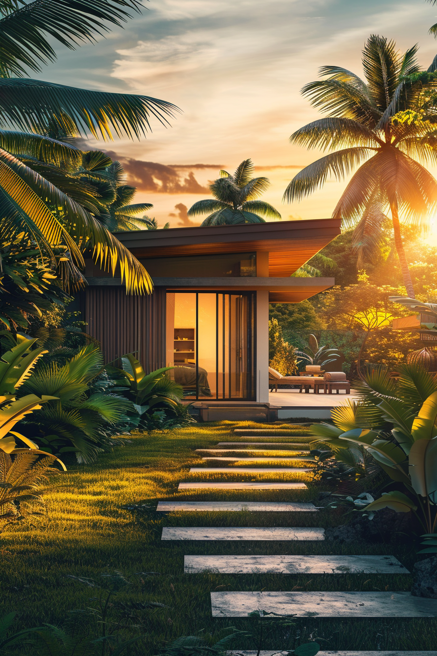 ALT Text: "Warm sunset light bathing a modern tropical villa surrounded by lush greenery with a stone pathway leading to the entrance."