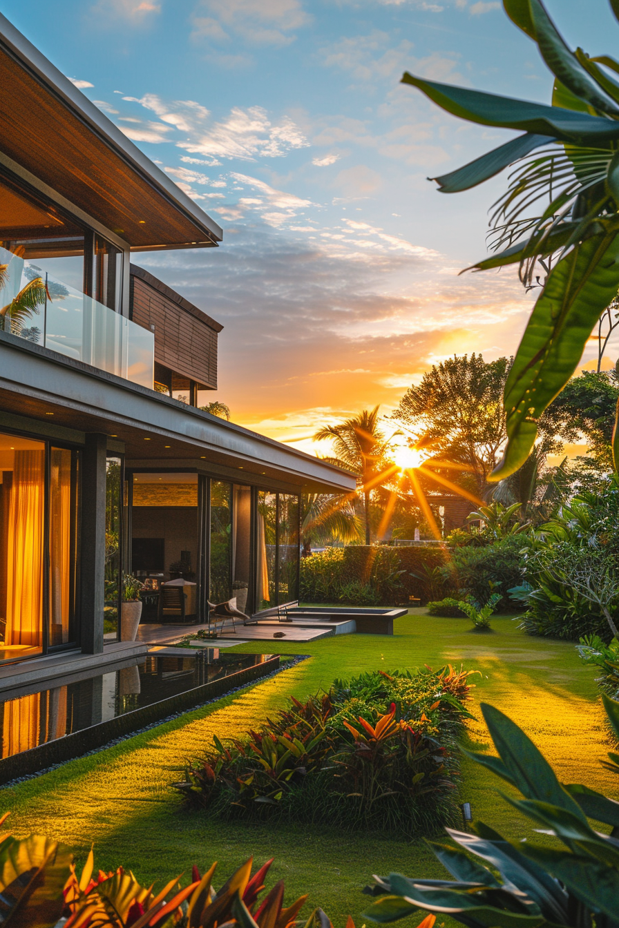 Modern two-story house with large windows at sunset, featuring a reflection pool and lush garden.