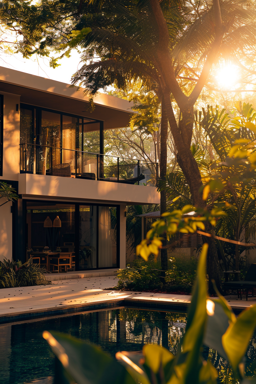 ALT Text: "Modern two-story house with large windows and balcony surrounded by tropical trees, with a swimming pool in the foreground during sunset."
