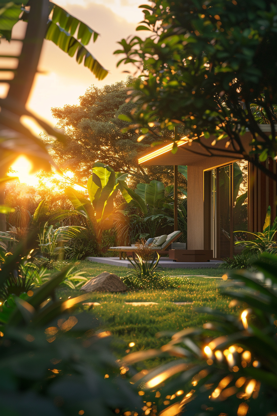 Sunset view of a modern garden with lush greenery, outdoor lighting, and a cozy lounging area next to a contemporary house.