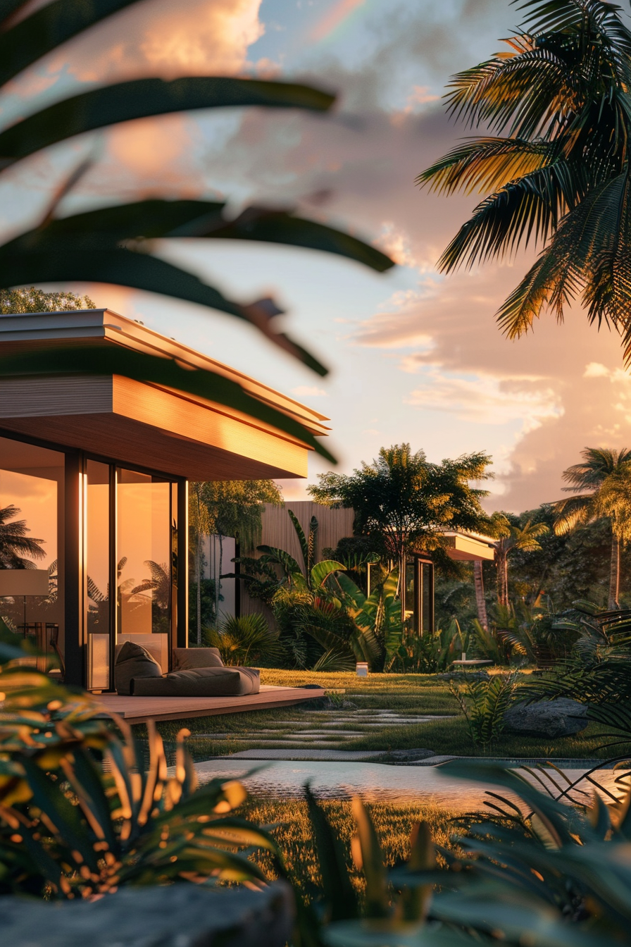 Modern house with large glass windows surrounded by tropical plants and palm trees at sunset.