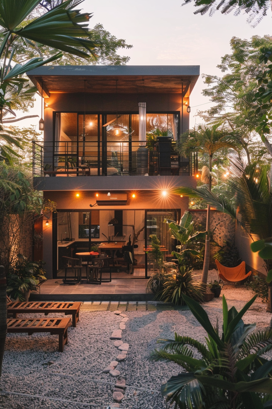 ALT: A modern two-story home with extensive glass walls, surrounded by lush tropical plants and a warm lighting scheme at dusk.