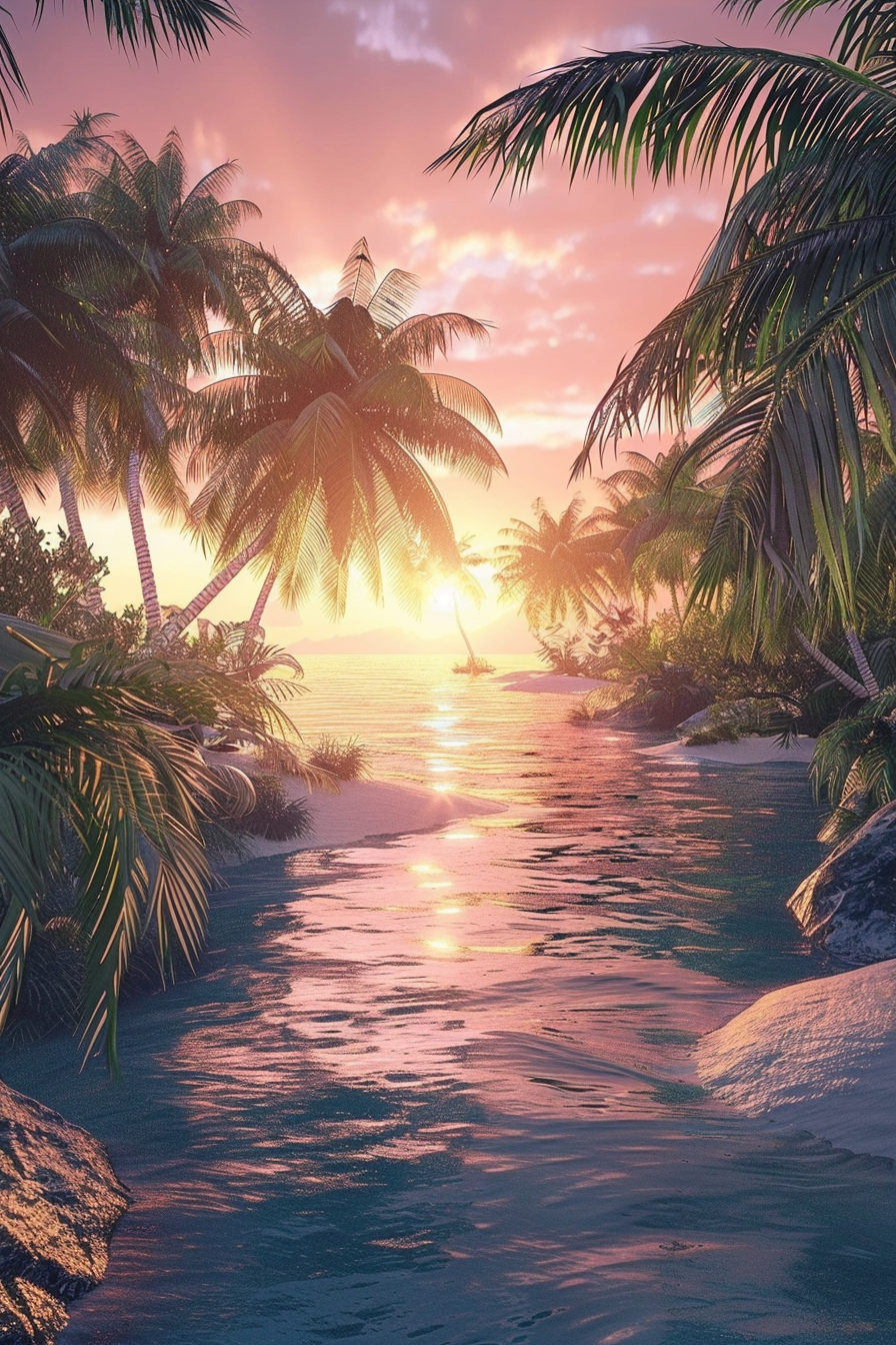 ALT: A serene tropical scene with palm trees framing a view of the sun setting over a calm river leading to the sea.