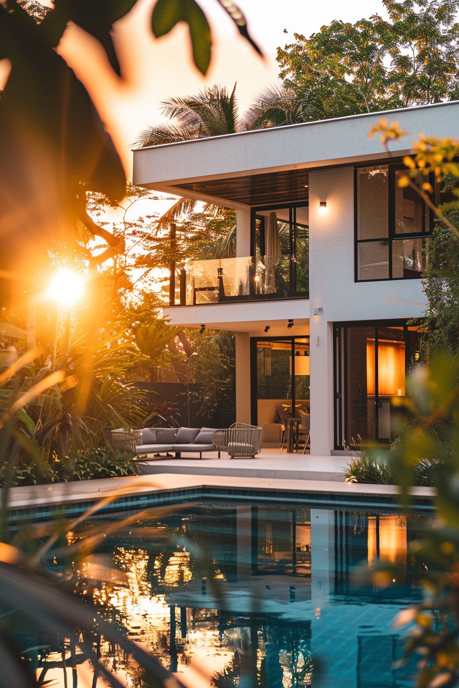 ALT: A modern two-story house with large windows at sunset, surrounded by tropical foliage, with a calm swimming pool in the foreground.