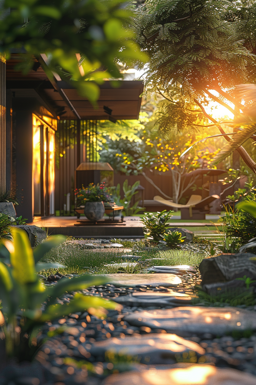 Sunset light filters through a lush garden onto a serene patio with comfortable seating and a stone pathway.
