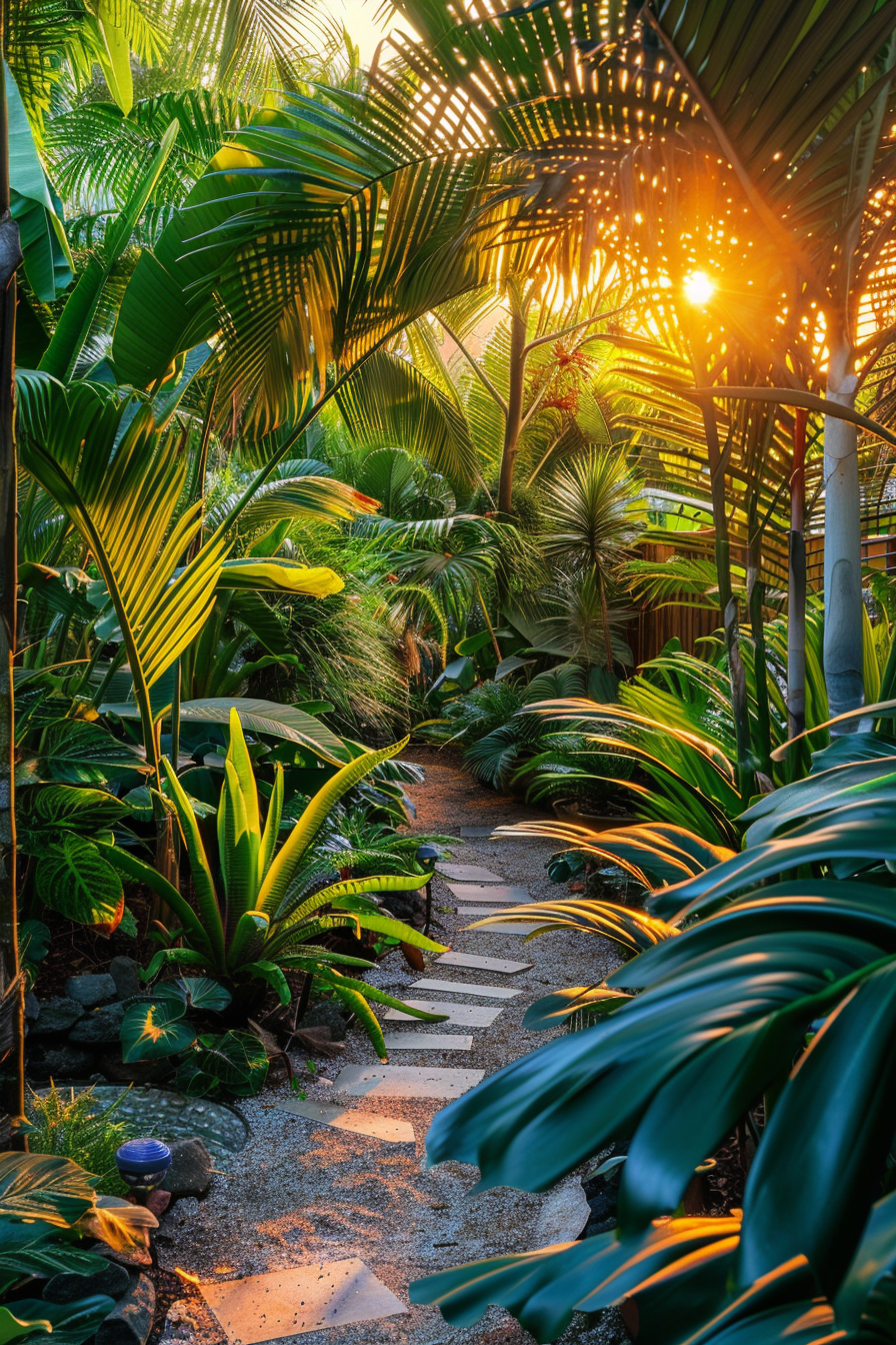 Sunlight piercing through tropical foliage along a stone path in a lush garden.