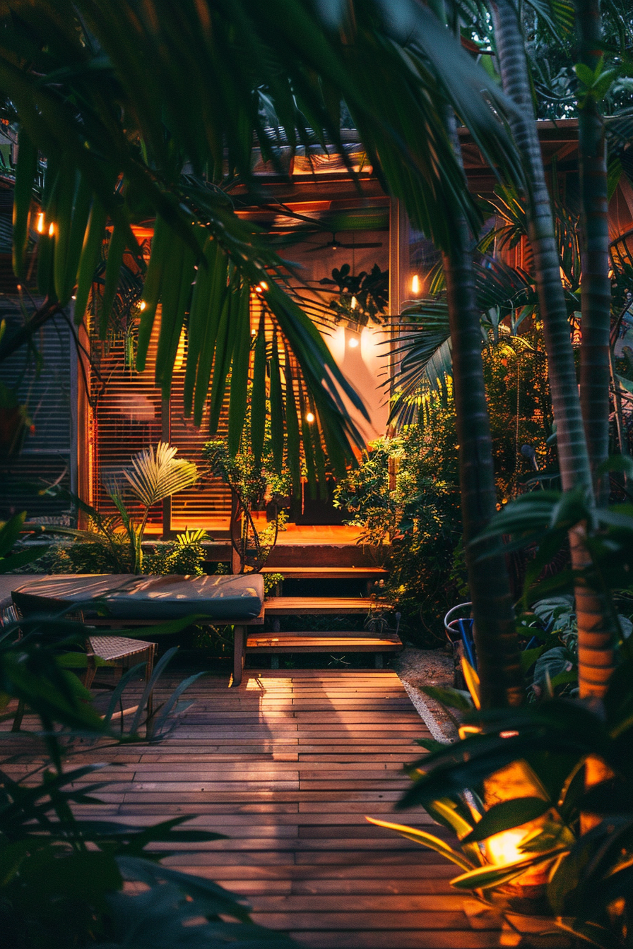 ALT: Warmly lit wooden pathway leading to a cozy tropical cabin, surrounded by lush greenery and palm leaves in a serene evening setting.