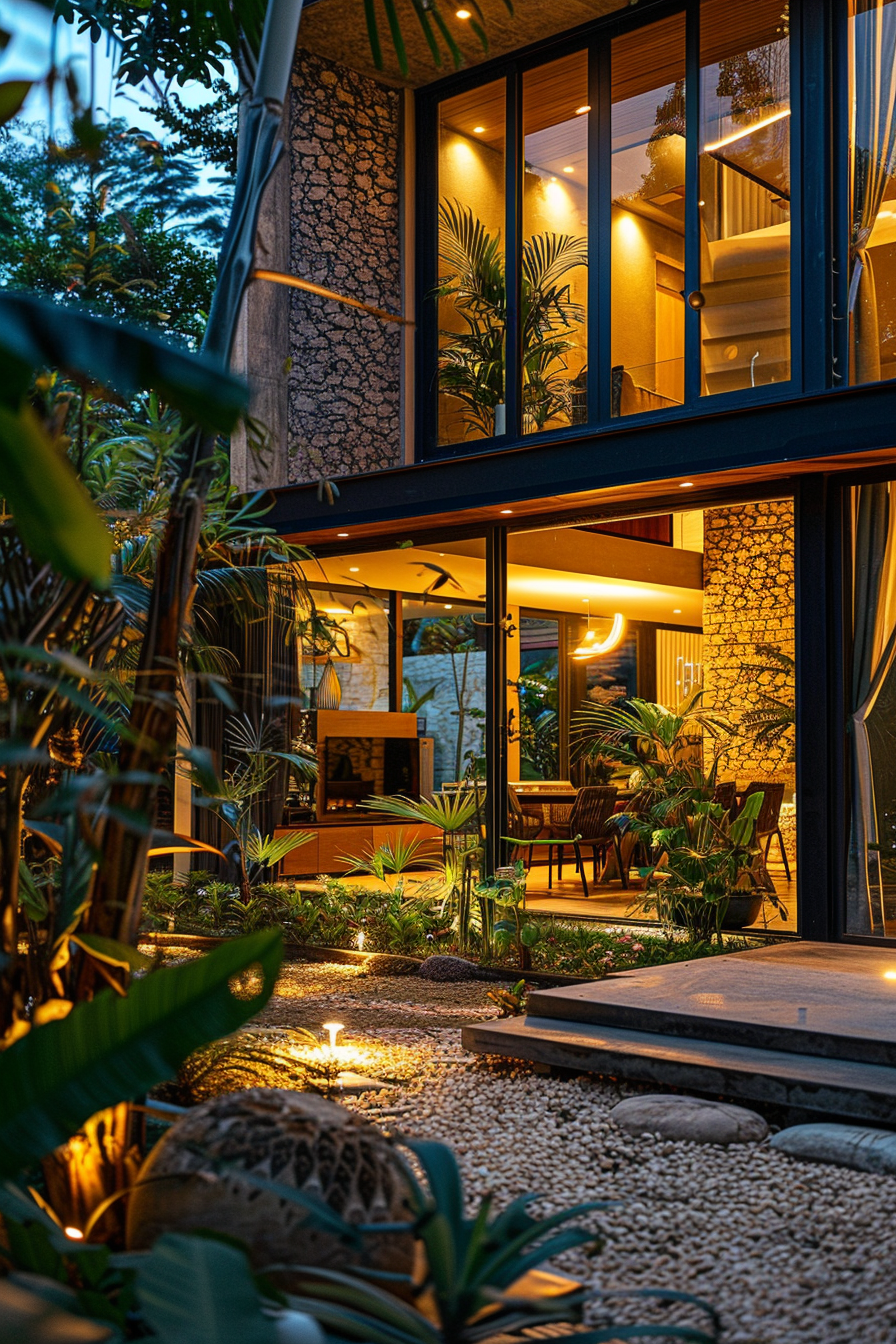 Warmly lit modern house exterior at dusk with large windows, surrounded by lush tropical plants and stone pathway.