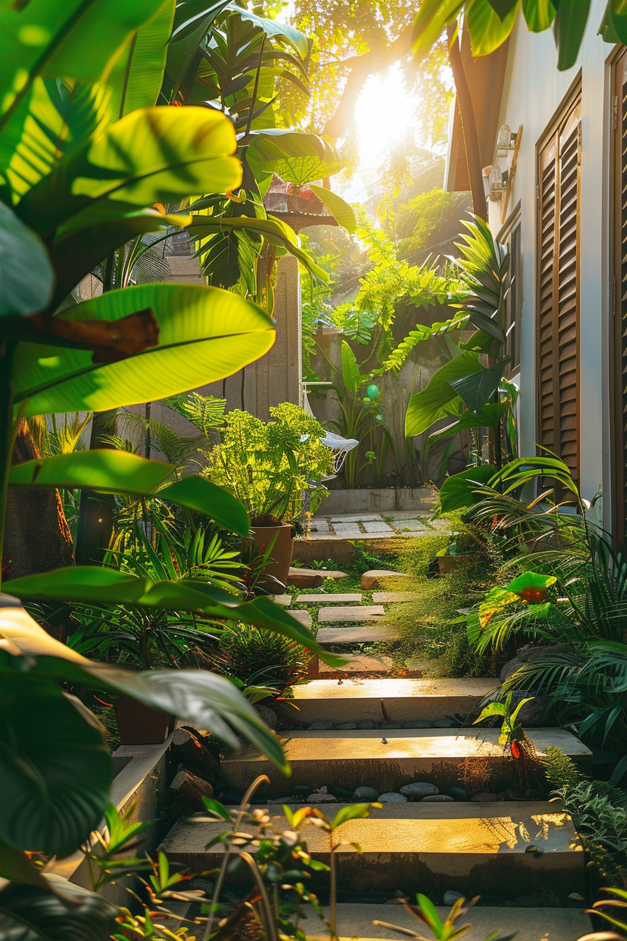 Sunlight streams through lush greenery lining a narrow pathway beside a building with shuttered windows.
