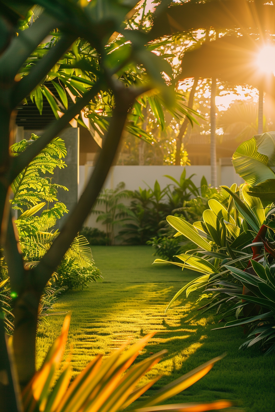 Sunlight streaming through tropical foliage onto a lush green lawn at sunset.
