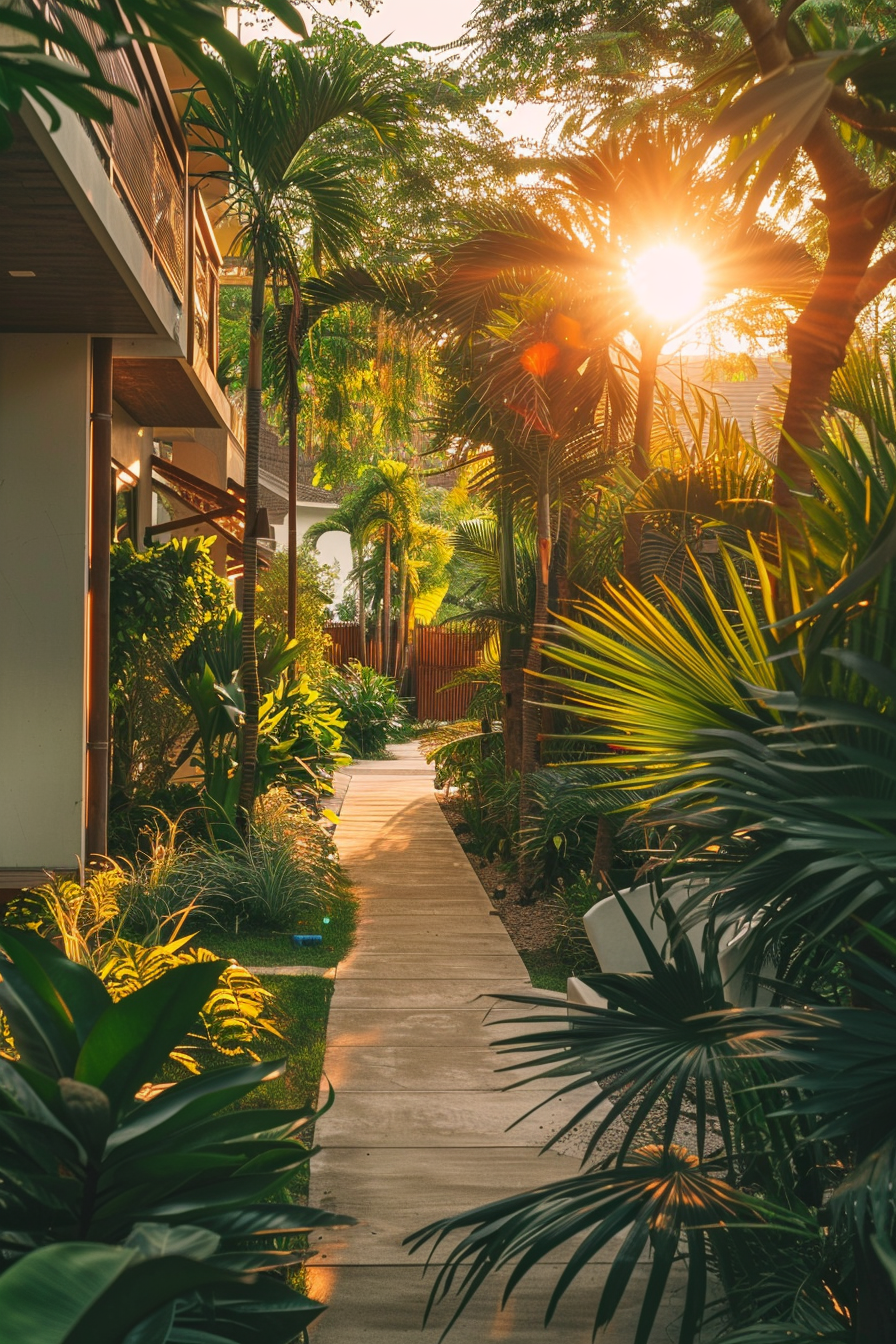 Sunset view along a garden path lined with lush tropical plants leading towards modern architecture.