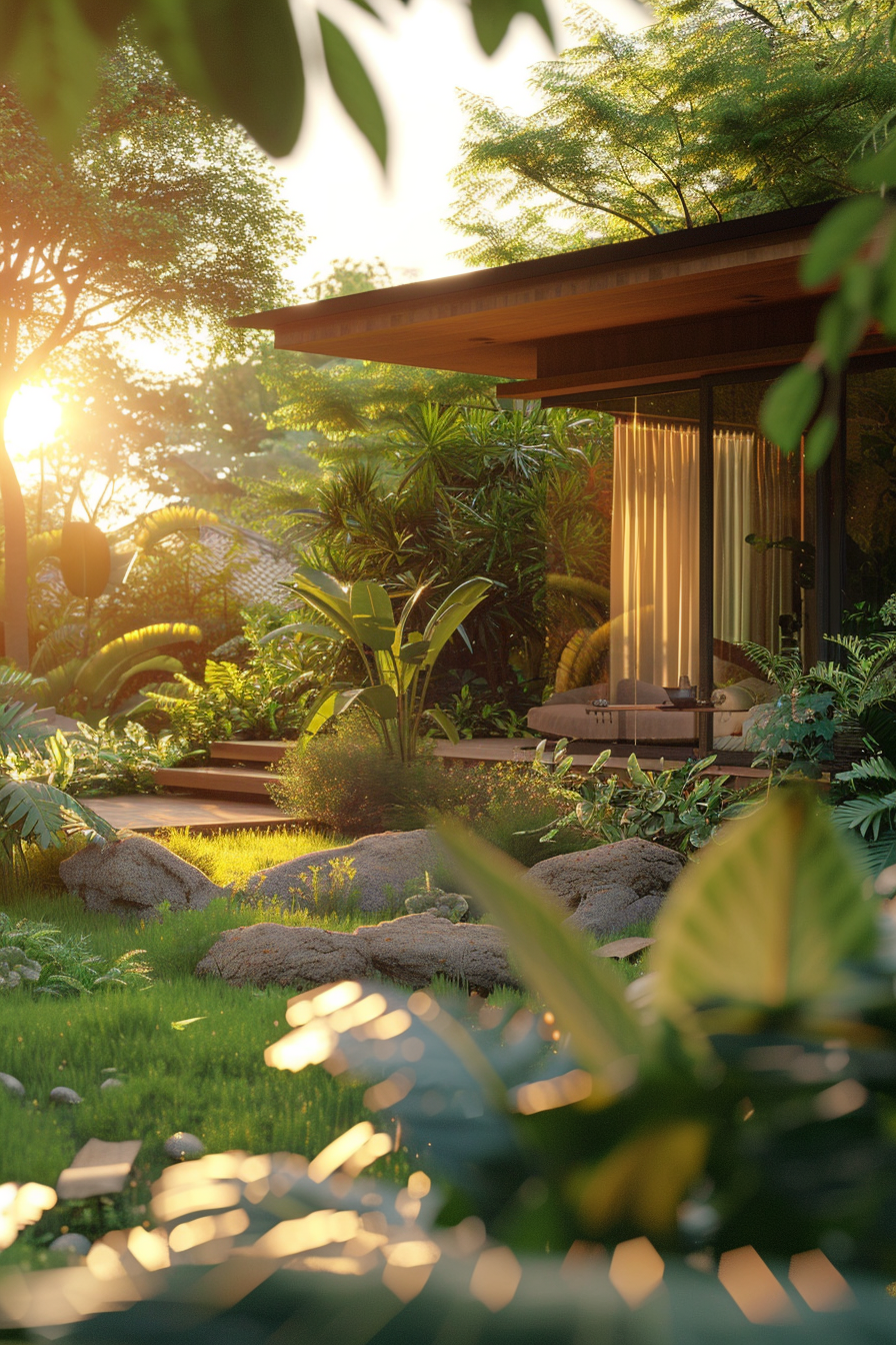 A tranquil garden at sunrise with lush greenery surrounding a modern house, sunbeams peeking through the foliage.