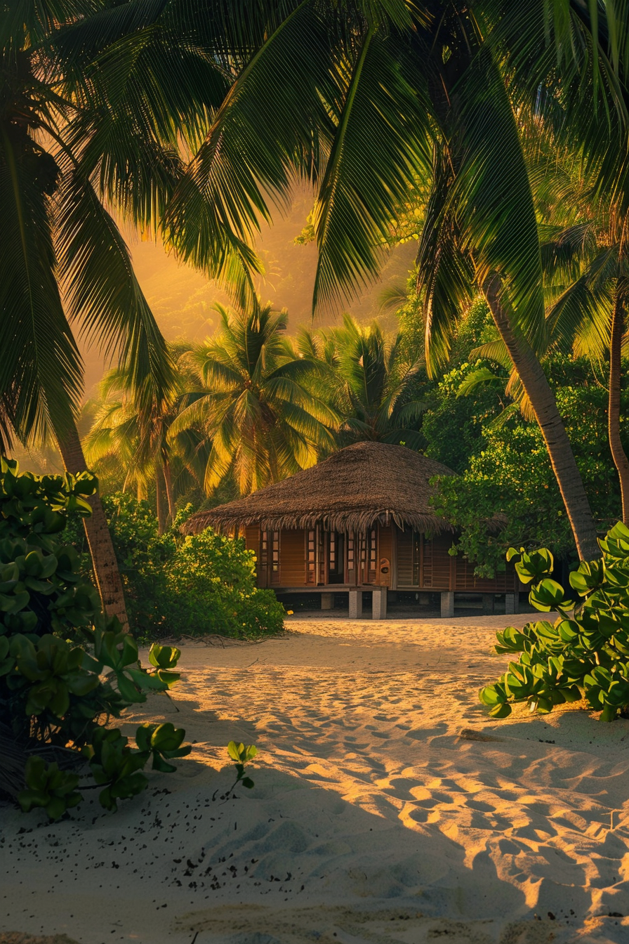 A thatched-roof beach bungalow surrounded by lush palm trees, with golden sunlight filtering through the foliage onto the sandy shore.