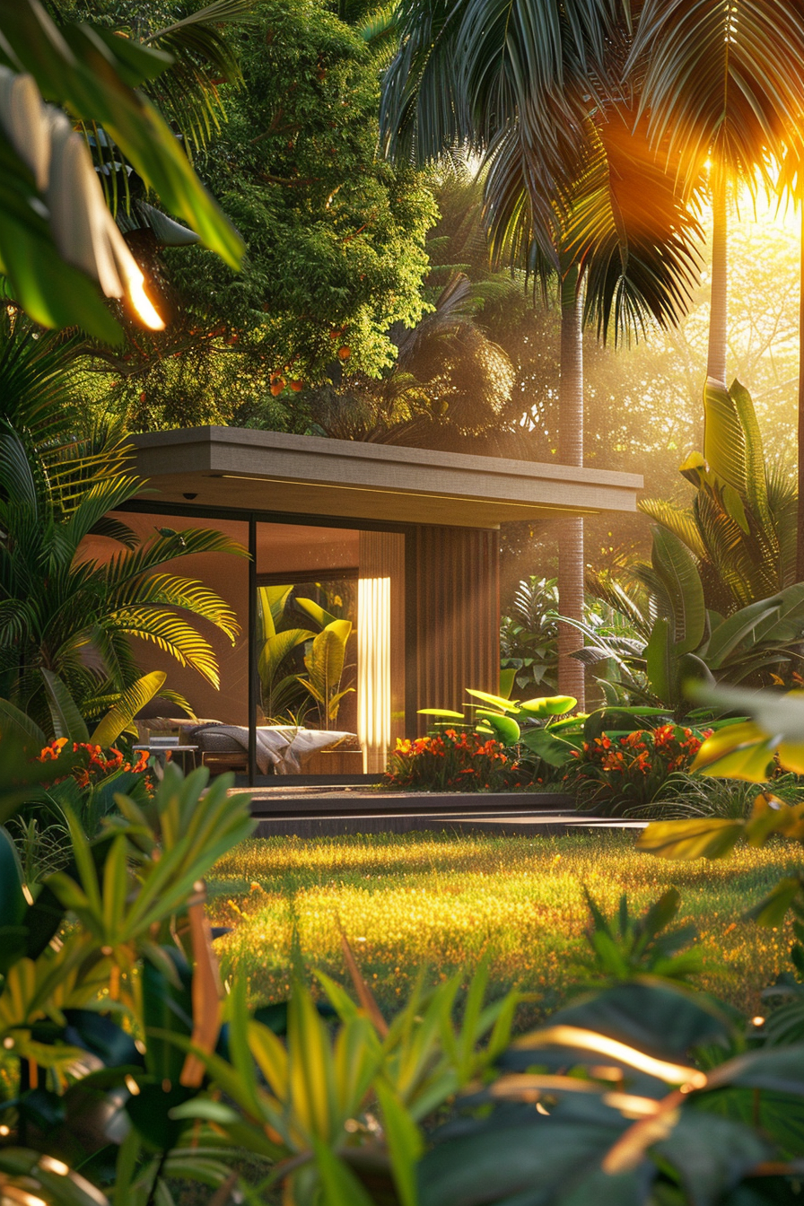 ALT text: A modern garden pavilion nestled among lush greenery and vibrant flowers, with the warm glow of sunlight filtering through the trees.
