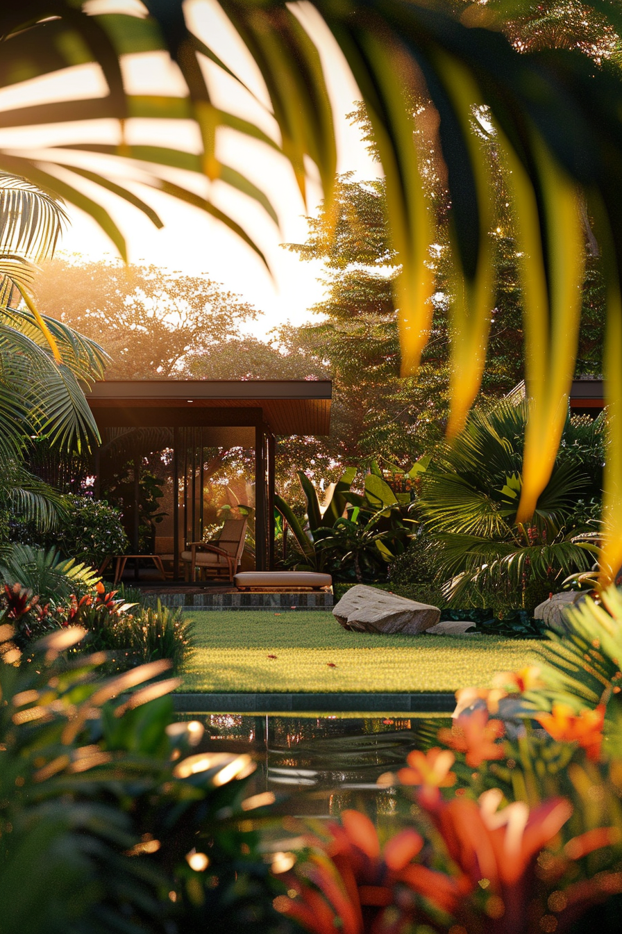 Cozy outdoor cabana surrounded by lush tropical plants with a pool at sunset.
