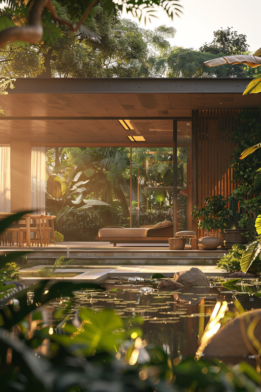 A serene tropical-style living space with floor-to-ceiling windows overlooking a lush garden and a tranquil pond.