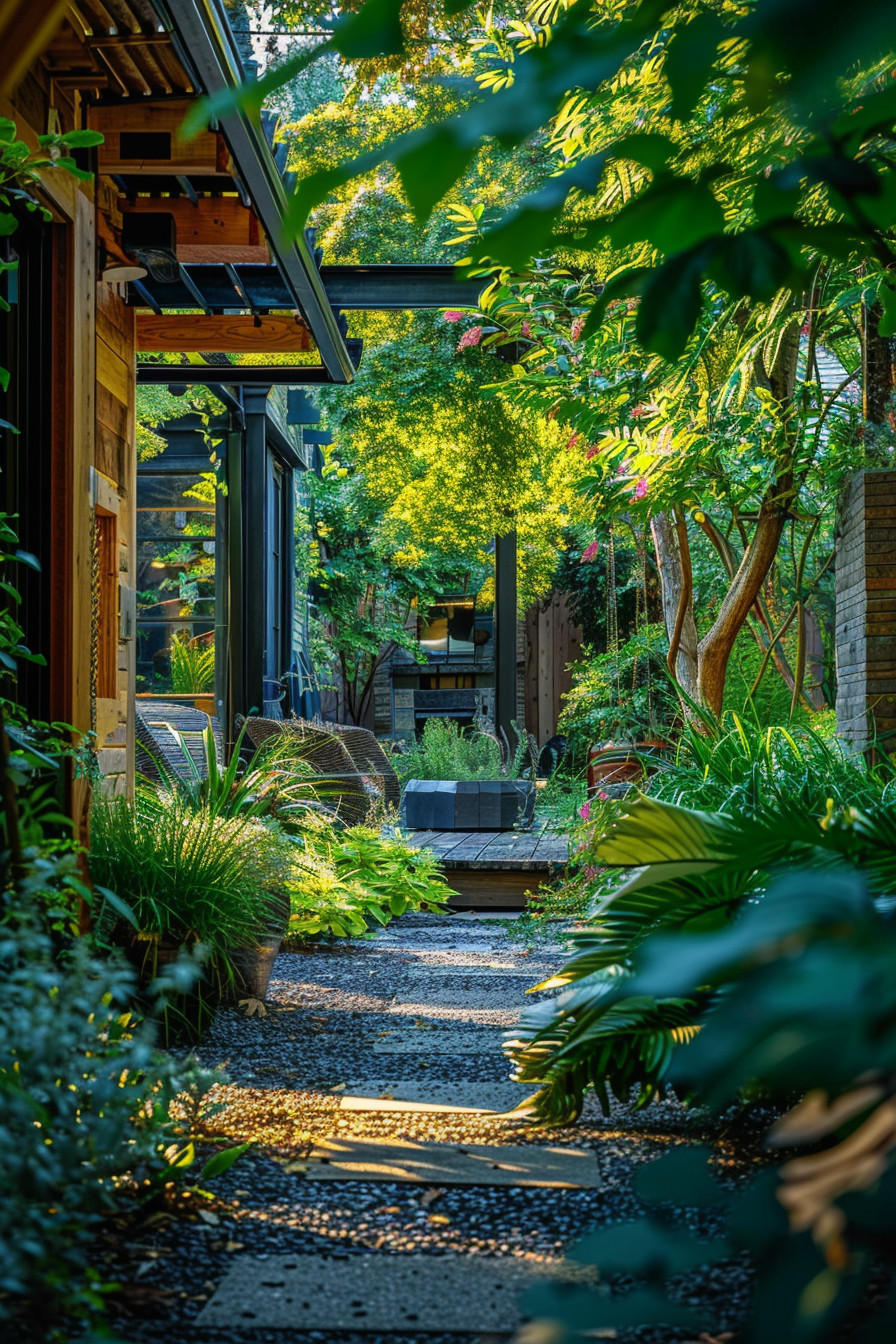 A serene garden path flanked by lush green plants and trees with dappled sunlight casting patterns on the ground.