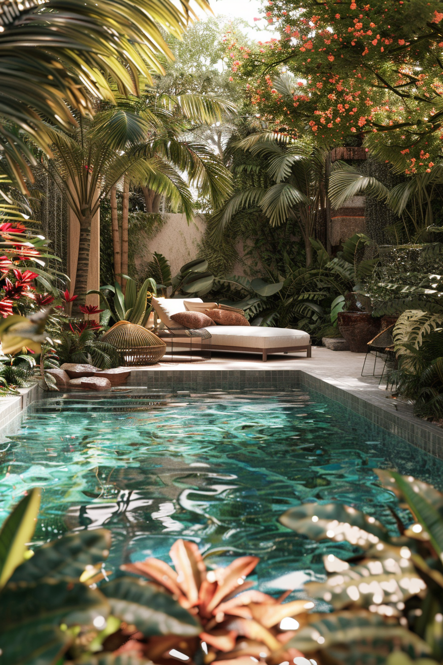 Tropical garden oasis with a pool, surrounded by lush greenery and a sunbed, epitomizing serene outdoor relaxation.