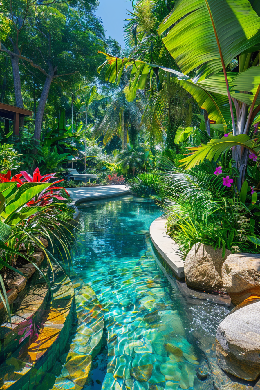 Tropical resort-style garden with a meandering swimming pool surrounded by lush greenery and vibrant flowers in bright sunlight.