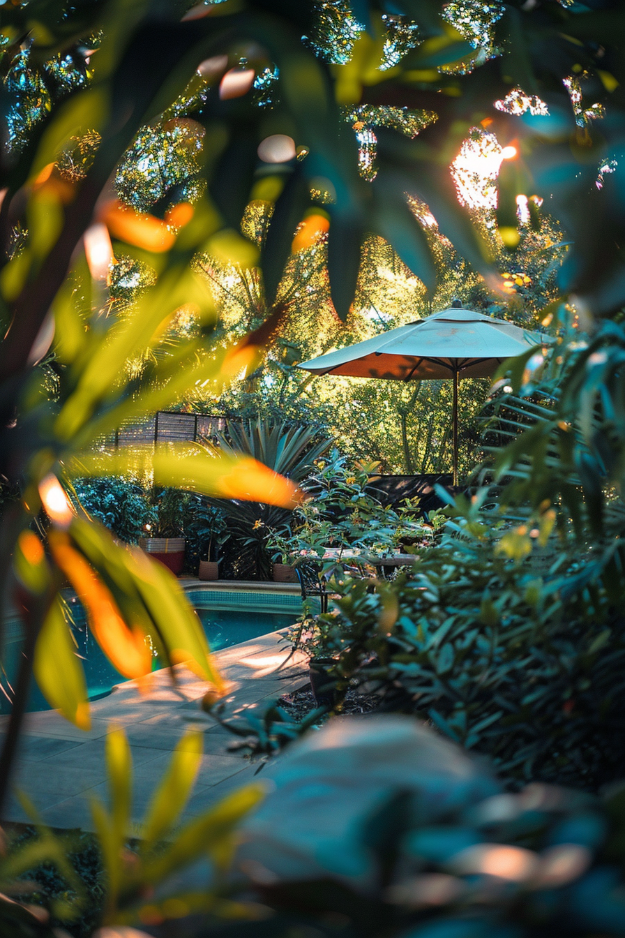 A tranquil garden scene with a pool, surrounded by lush foliage and a parasol, bathed in warm sunlight filtering through the leaves.