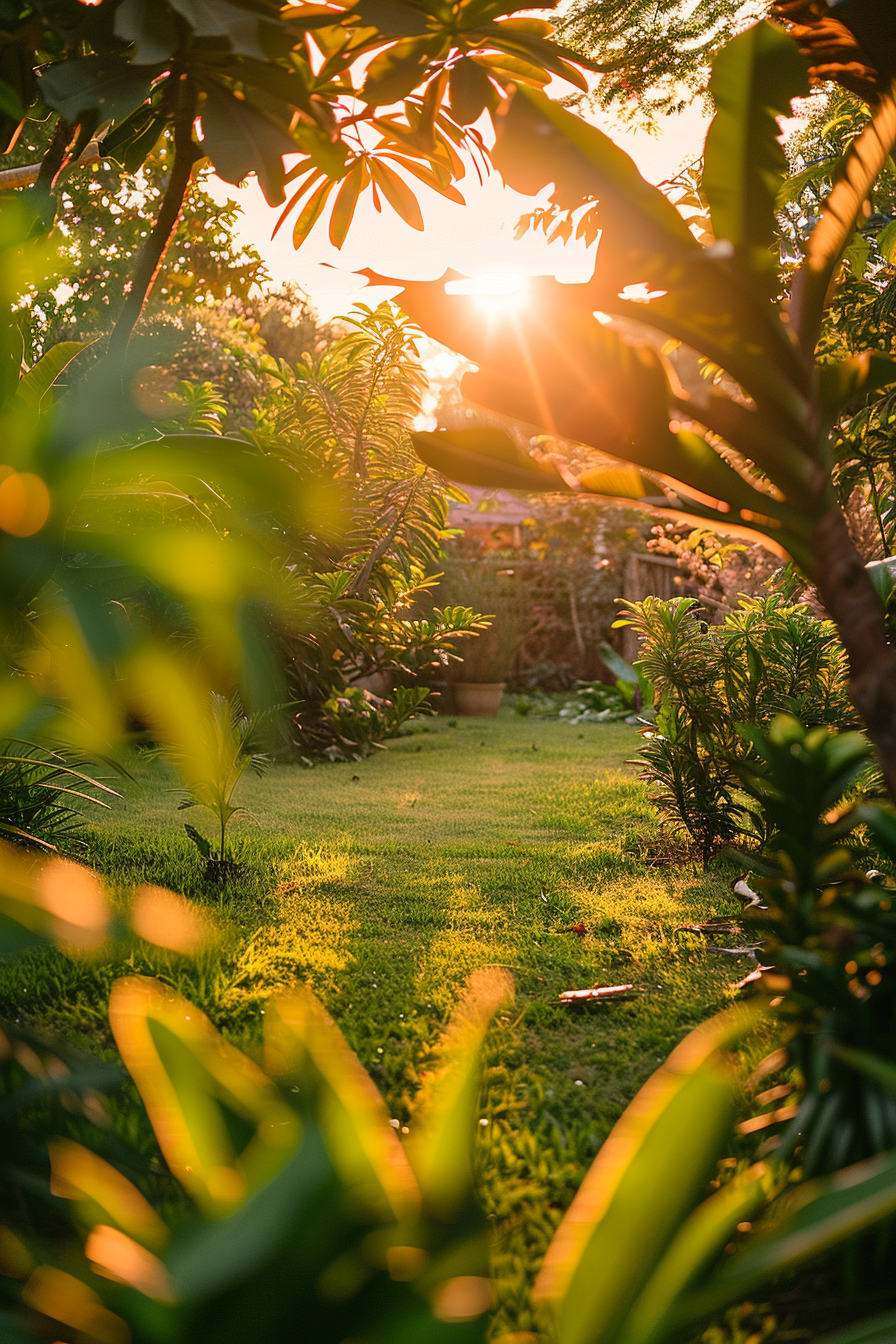 Sunset view through lush green foliage with radiant sunlight casting a warm glow over a serene garden.