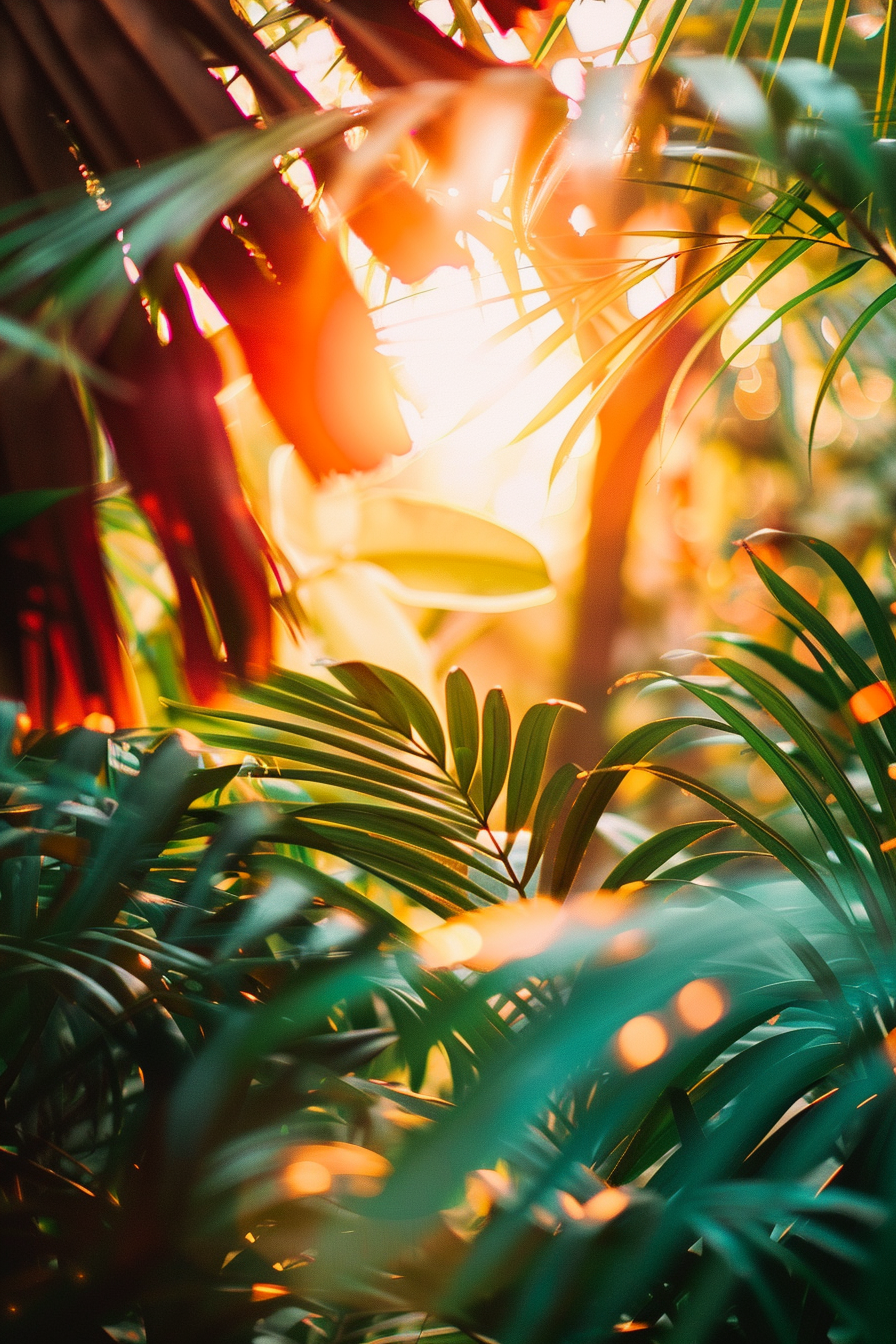 Sunlight filtering through tropical foliage, creating a warm, golden glow among the leaves.