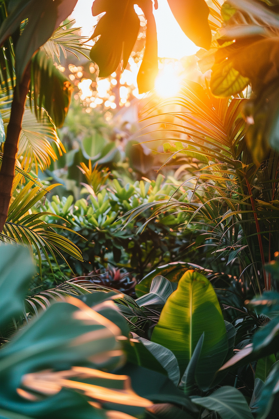 Sunlight peeking through dense tropical foliage at sunset, casting a warm glow on the vibrant green leaves.