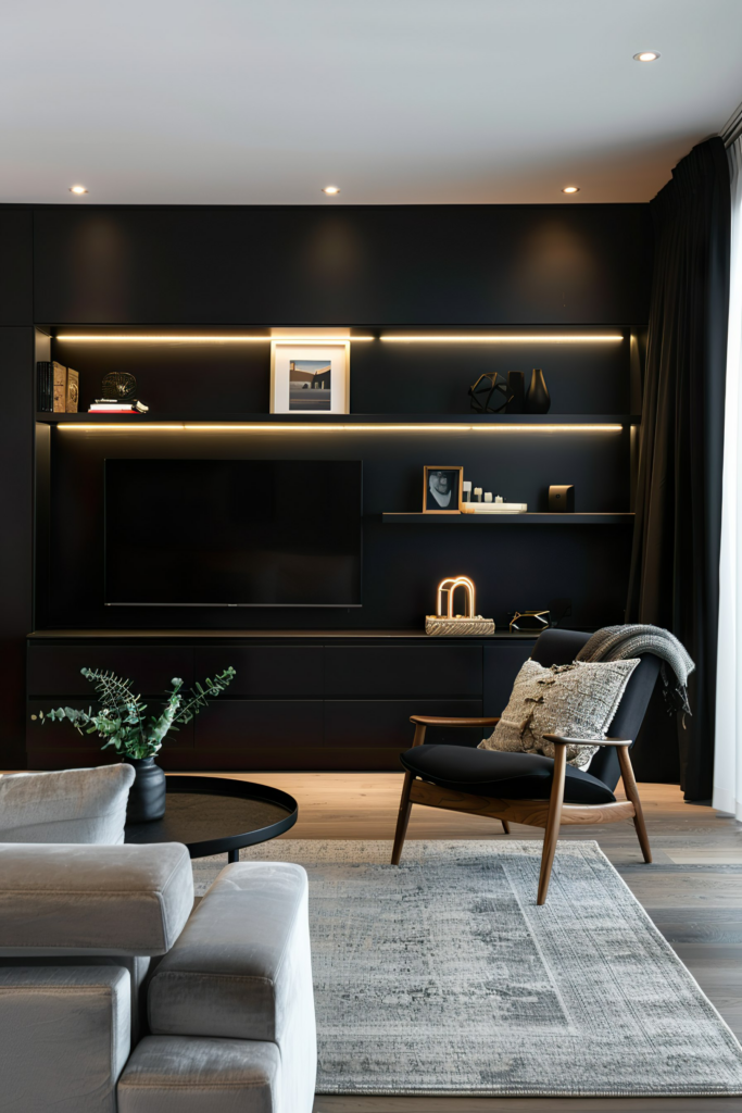 Modern living room interior with black built-in shelves, a flat-screen TV, accent lighting, and stylish furniture.