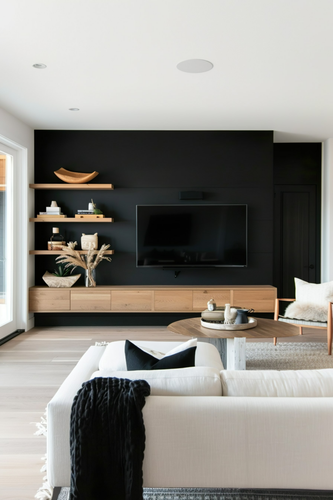 Modern living room with black accent wall featuring mounted TV and wooden shelves, complemented by neutral-toned furniture.