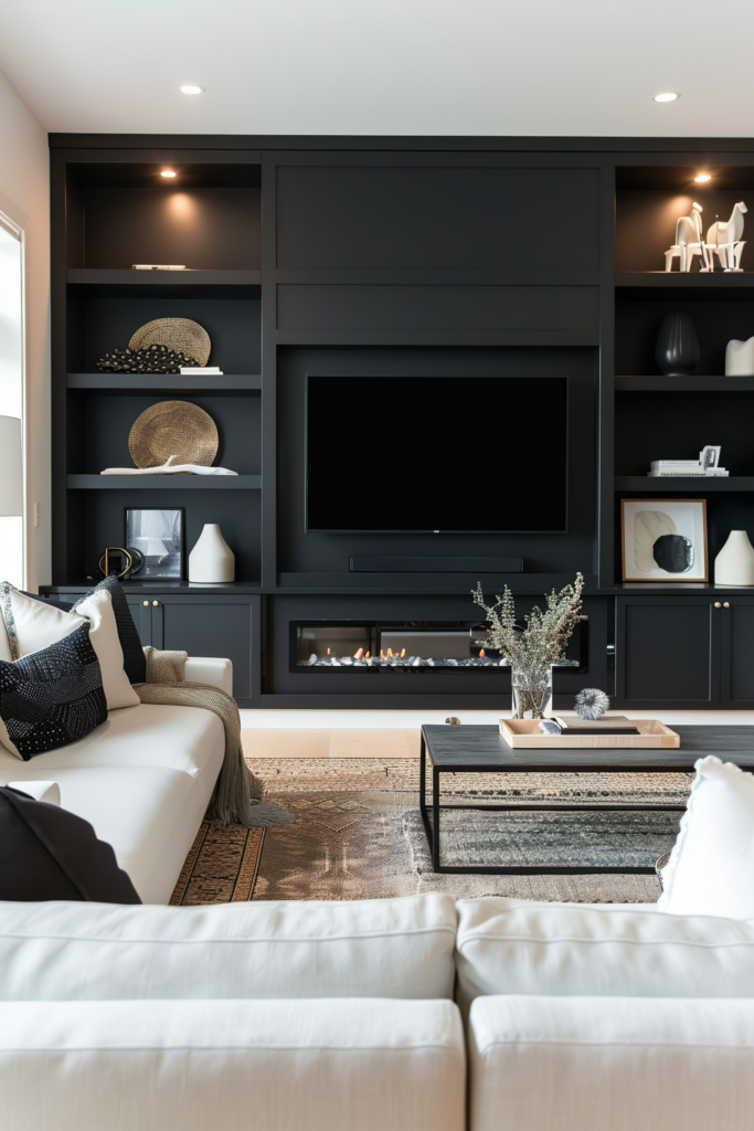 Elegant living room with a white sofa, black built-in shelves, a flat-screen TV, and a modern fireplace. Decor includes vases and books.