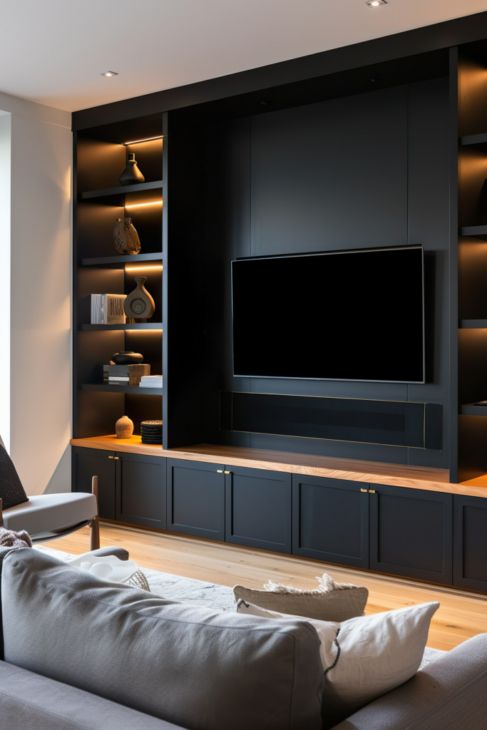 Modern living room with a large flat-screen TV mounted on a dark shelving unit, accented with decorative items and ambient lighting.