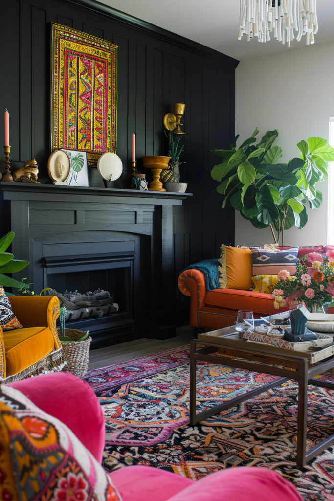 Vibrant living room with a black fireplace, colorful rug, orange sofa, pink chairs, and decorative objects on the mantel.