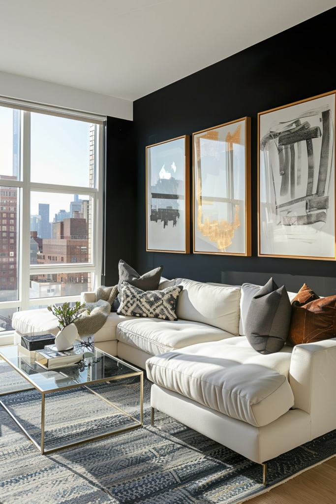 A modern living room with a white couch, decorative pillows, glass coffee table, and framed art on a black wall, with a city view.