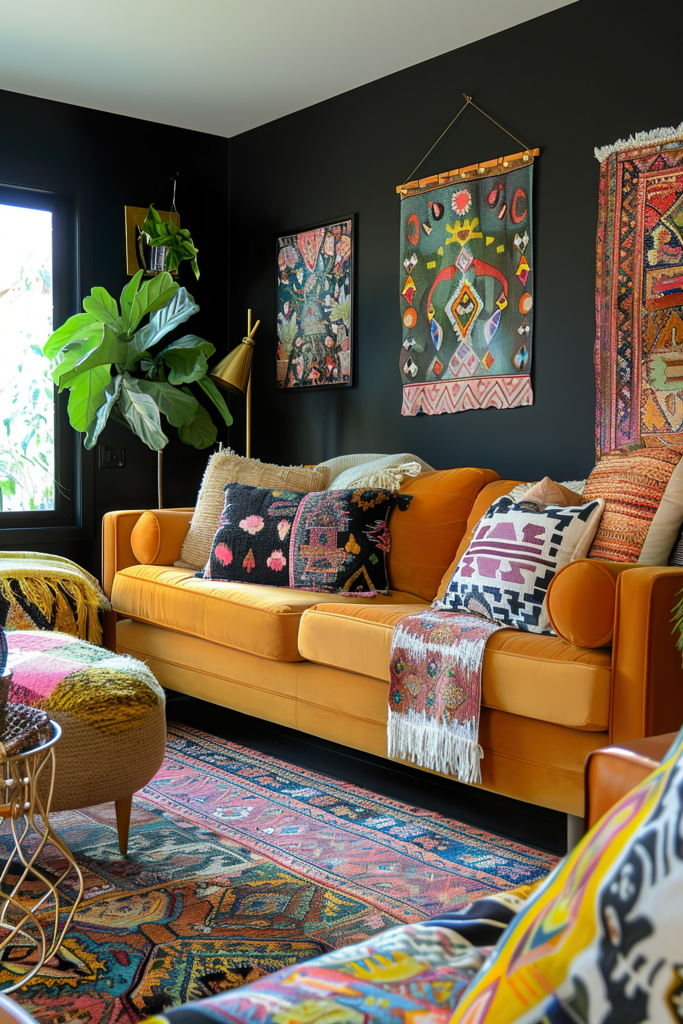A cozy room with black walls featuring a mustard yellow sofa adorned with colorful pillows, patterned rugs, and eclectic wall hangings.
