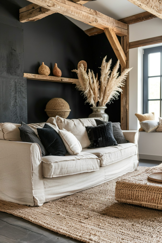 Cozy living room corner with a beige sofa, decorative pillows, wooden beams, and rustic decor elements.