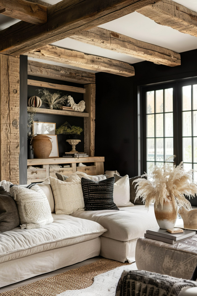 Cozy living room with beige sectional sofa, decorative pillows, exposed wooden beams, rustic bookshelf, and large window with natural light.