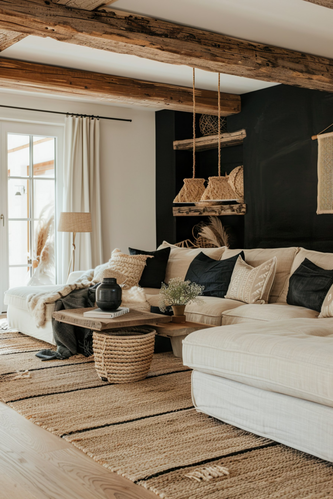 Cozy living room interior with exposed wooden beams, a beige couch with black and white pillows, textured rugs, and rustic decor.