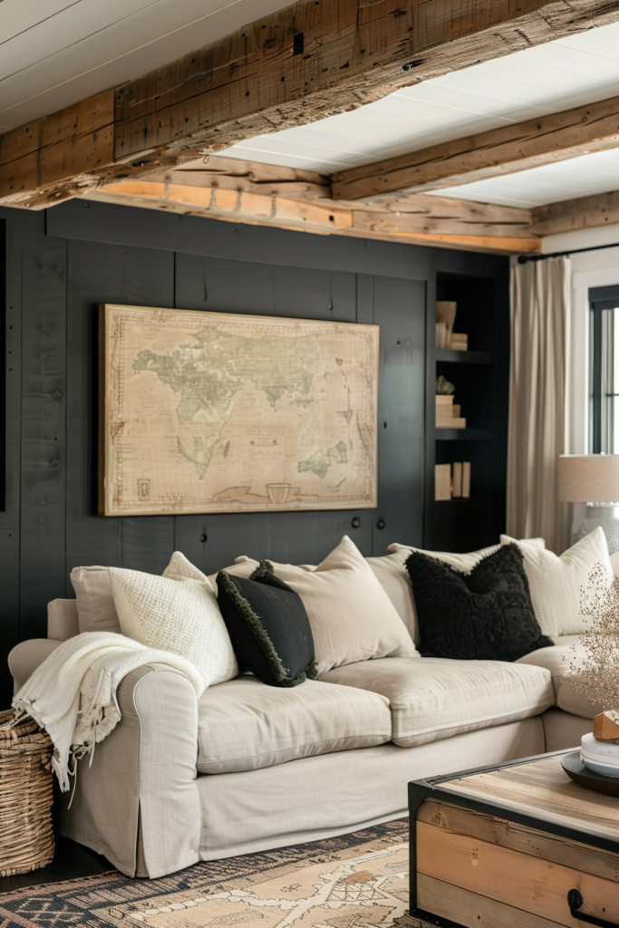 A cozy living room with a beige sofa adorned with pillows, rustic wood ceiling beams, and a large world map on a navy wall.