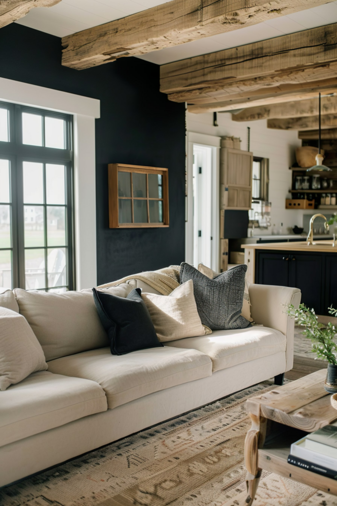 A cozy living room with a beige sofa, decorative pillows, exposed wooden beams, dark accent wall, and a glimpse of a kitchen.