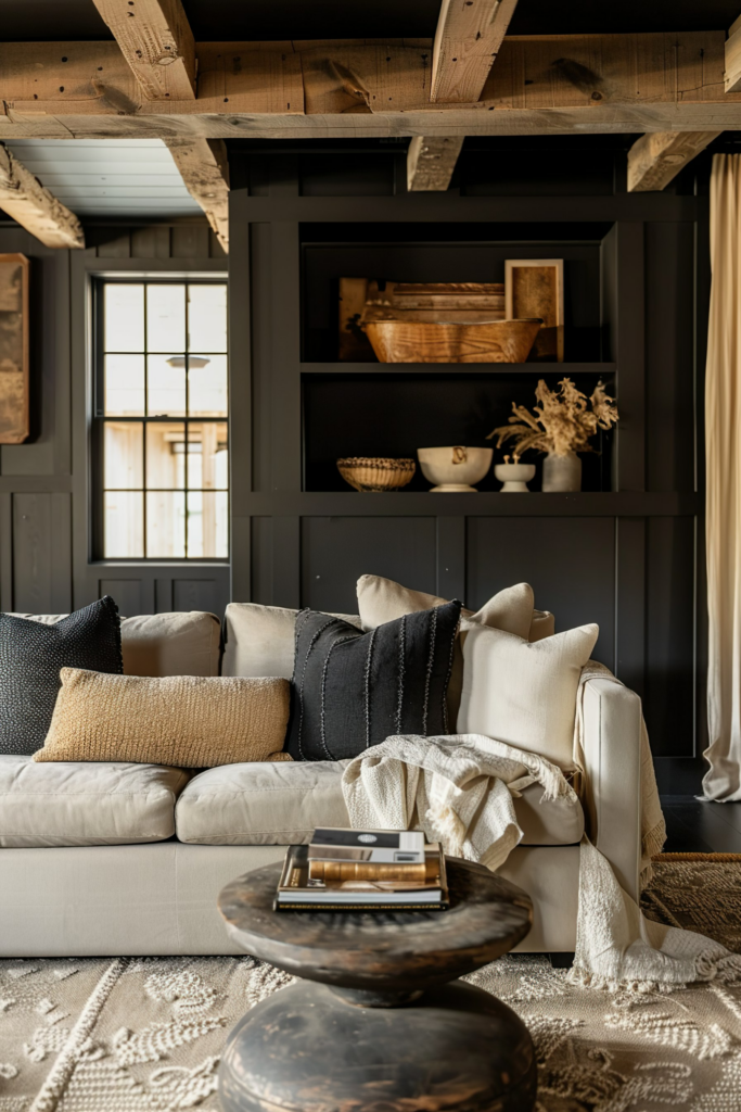 Cozy living room with a beige sofa, assorted pillows, a wooden coffee table, rustic wooden beams, and built-in dark shelves adorned with decor.