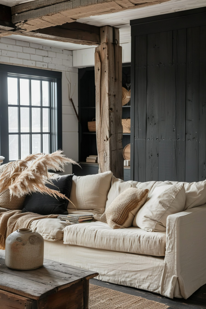 Cozy living room corner with an off-white couch, throw pillows, dried pampas grass in a vase, rustic coffee table, and bookshelves in background.