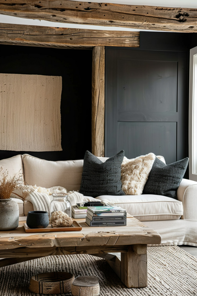 A cozy living room corner with a beige sofa, decorative pillows, a wooden coffee table, books, and rustic accents under exposed beams.