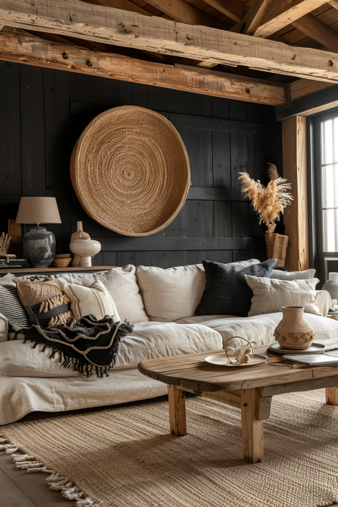 A cozy rustic living room with a white couch, woven decorations on black walls, wooden beams, and a natural-toned rug.