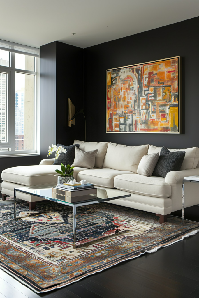 Modern living room with beige sectional sofa, glass coffee table, eclectic rug, large abstract painting on a black wall, and city view.