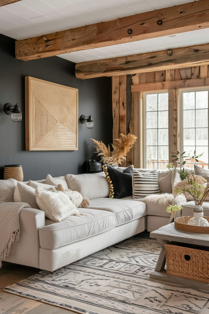 Cozy living room with a white sofa, rustic wooden beams, gray walls, and decorative textured art piece.