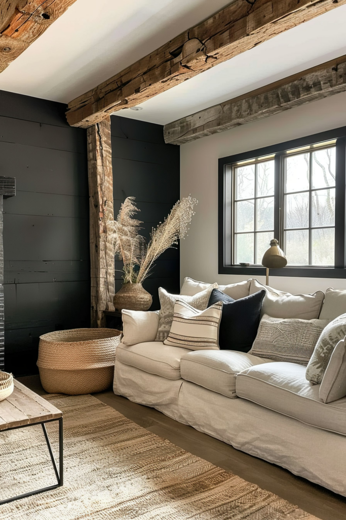 Cozy living room interior featuring a beige sofa with decorative pillows, dark walls, exposed wooden beams, and a rustic coffee table.