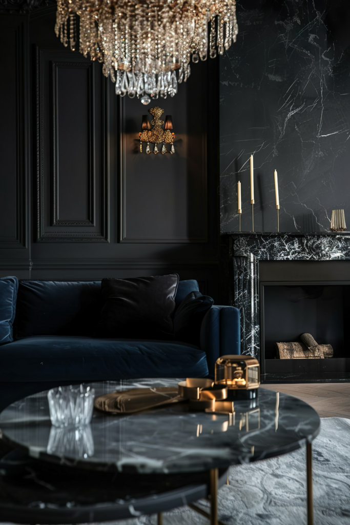 Elegant dark living room with a crystal chandelier, navy blue sofa, marble fireplace, and a decorative glass table.