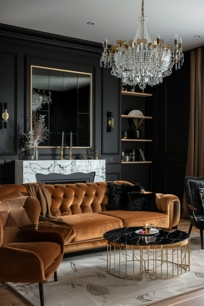 Elegant living room with a large crystal chandelier, tufted caramel sofa, black marble coffee table, and black walls with gold accents.